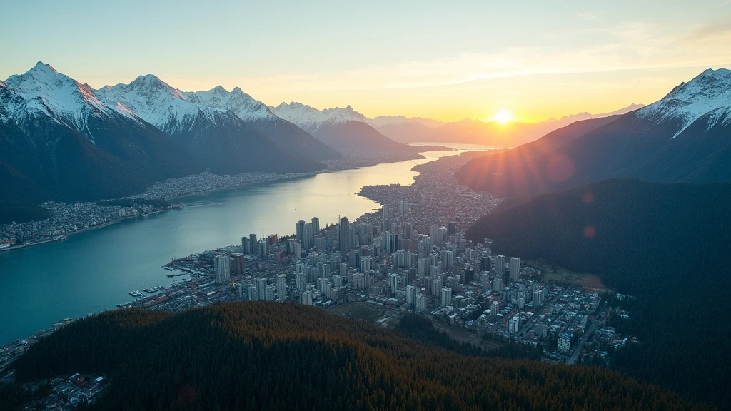 Luftaufnahme von Vancouver mit Coast Mountains, Pazifik und Skyline zur goldenen Stunde