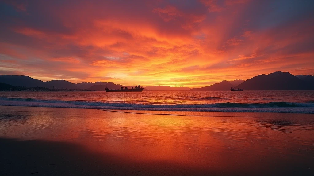 Sonnenuntergang am Spanish Banks Beach in Vancouver mit Frachtschiff-Silhouetten