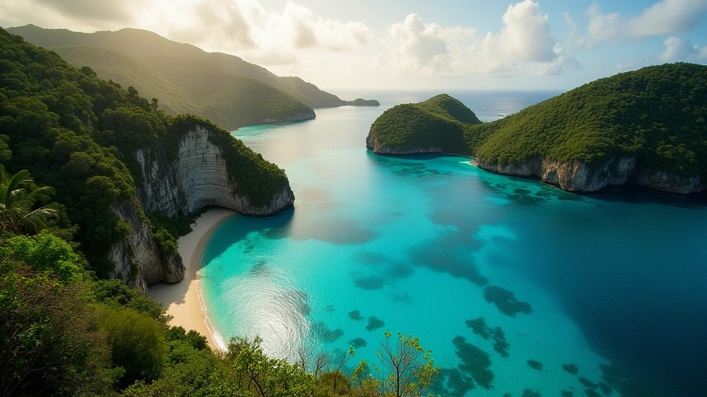 Panoramablick auf die Blue Lagoon in Espiritu Santo, Vanuatu, mit tuerkisfarbenem Wasser