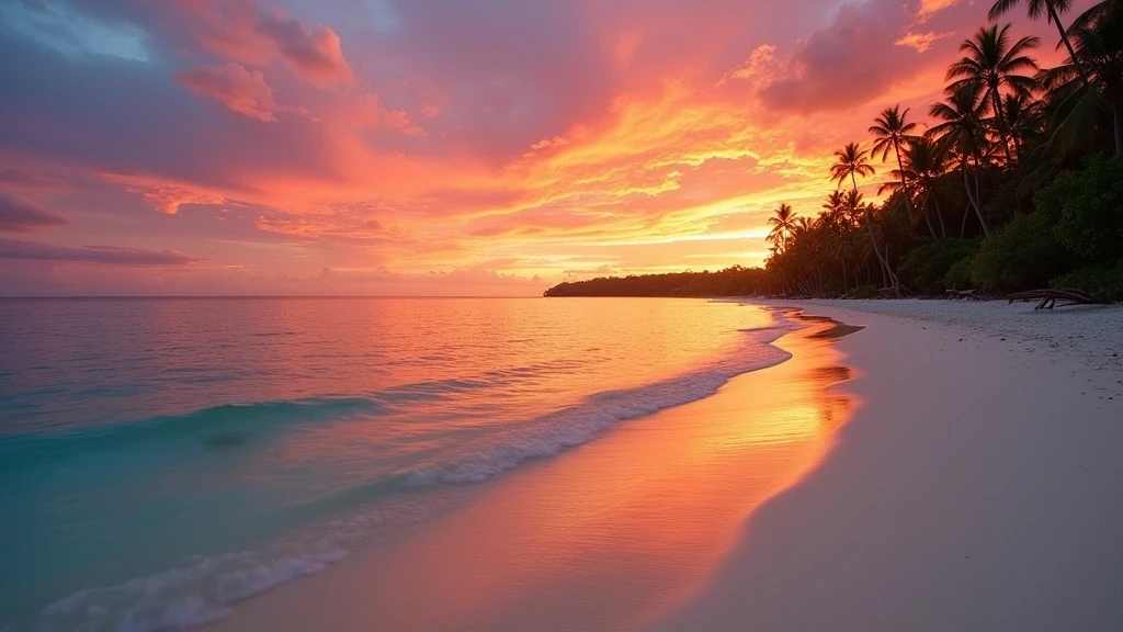 Dramatischer Sonnenuntergang am Champagne Beach in Vanuatu mit Spiegelungen im Wasser