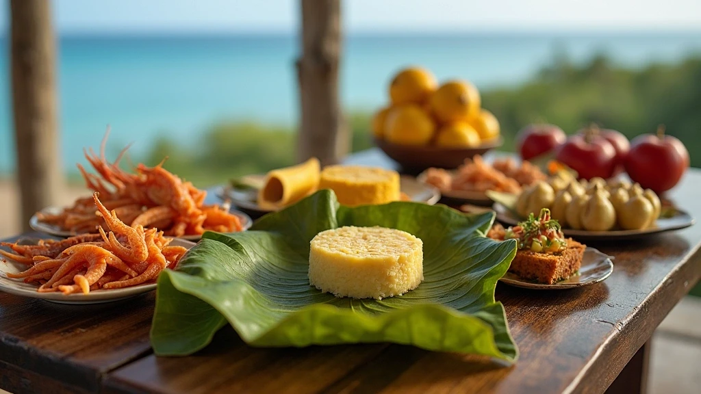 Traditionelle vanuatuische Kueche mit Laplap und Meeresfruechten auf Holztafel