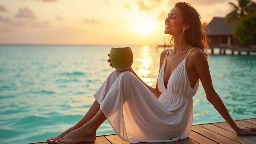 Elegante Frau auf einer Ueberwasser-Bungalow-Terrasse in Vanuatu bei Sonnenuntergang