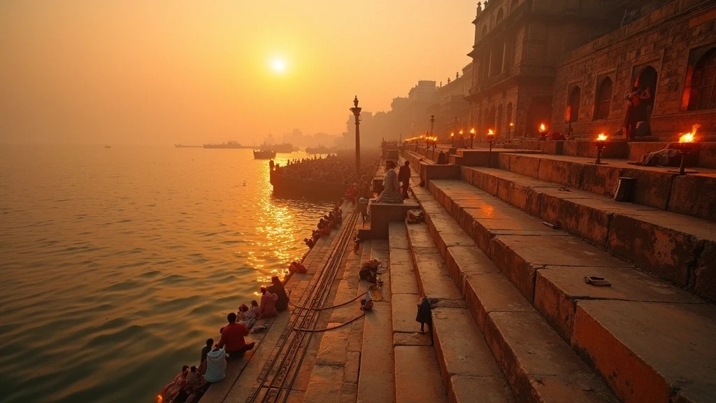 Goldene Stunde an Dashashwamedh Ghat in Varanasi mit Abend-Aarti-Zeremonie