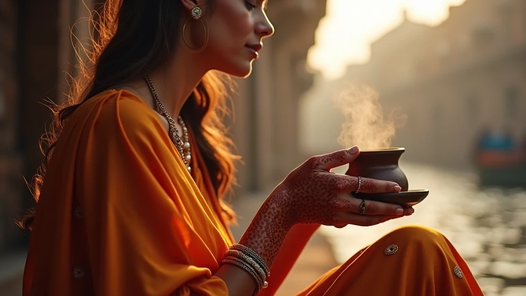 Elegante Frau in Seiden-Sari trinkt Masala Chai an einem Ganges-Tee-Stand in Varanasi