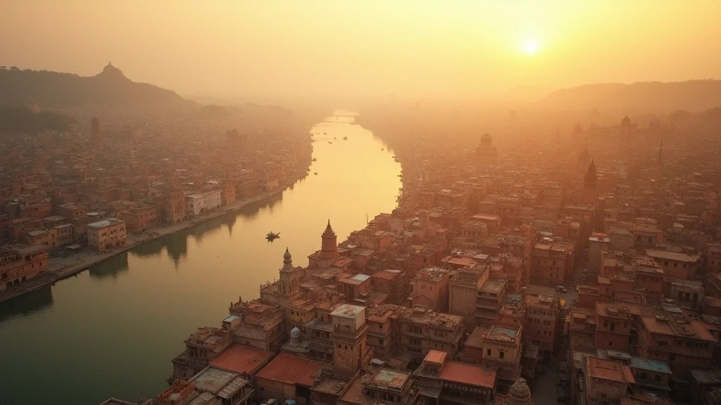 Luftaufnahme des heiligen Ganges in Varanasi zur goldenen Stunde mit alten Ghats und Tempeln