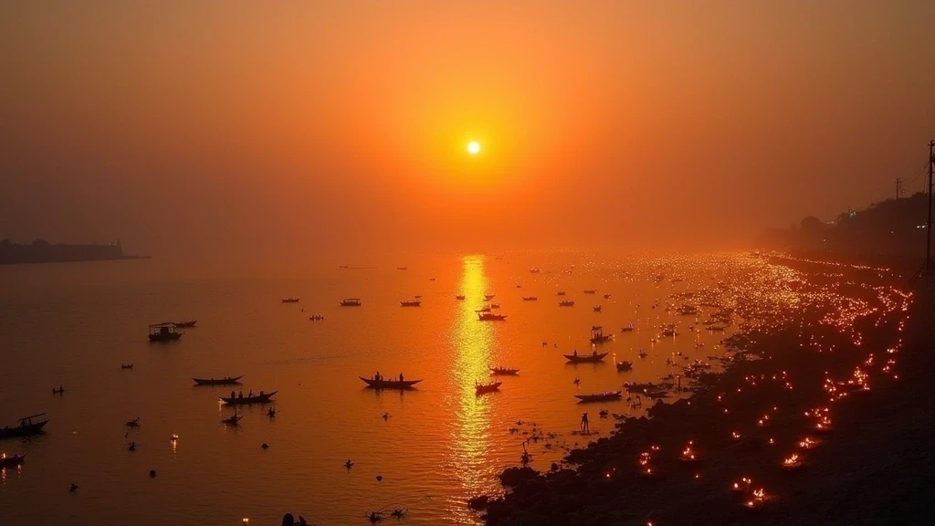 Sonnenuntergang am Ganges in Varanasi mit schwimmenden Diya-Lampen an Assi Ghat