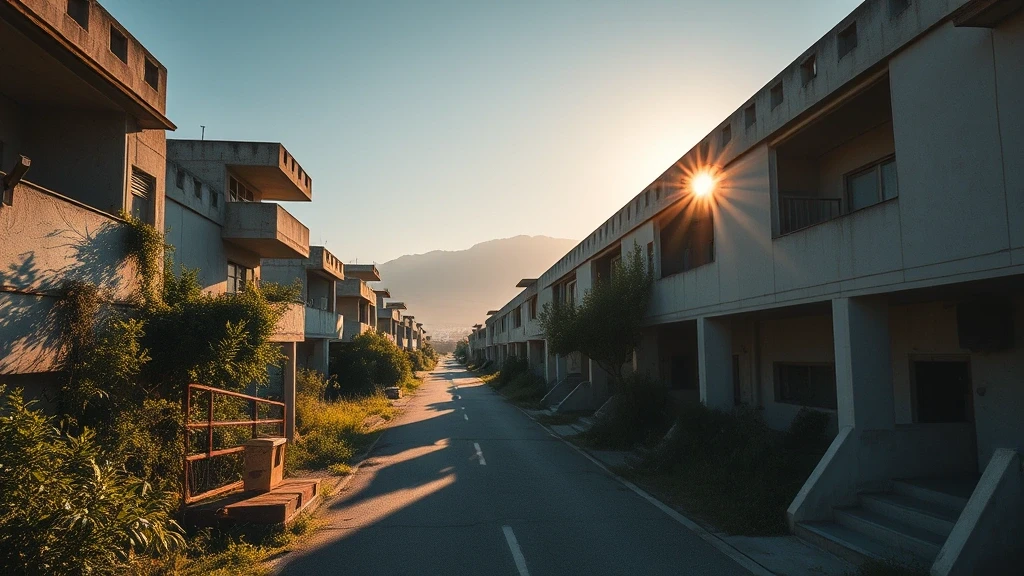 Goldene Stunde in den verlassenen Strassen von Varosha, Zypern mit verfallener Architektur