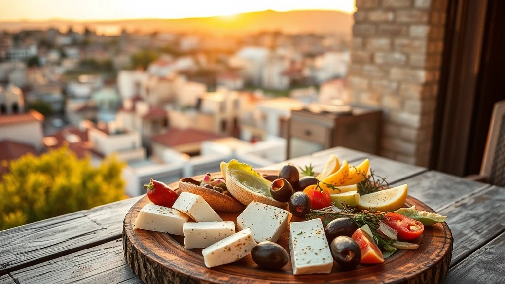 Traditionelle zypriotische Meze-Platte in Varosha mit Blick auf verlassene Stadt