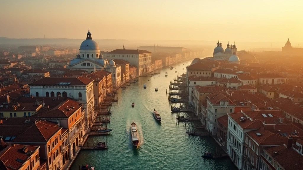 Luftaufnahme des Grand Canal in Venedig zur goldenen Stunde mit historischen Palazzi und Gondeln
