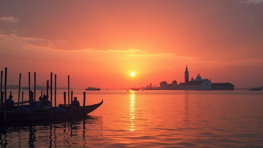 Sonnenuntergang ueber der Lagune von Venedig mit Spiegelungen im Wasser und Stadtsilhouette