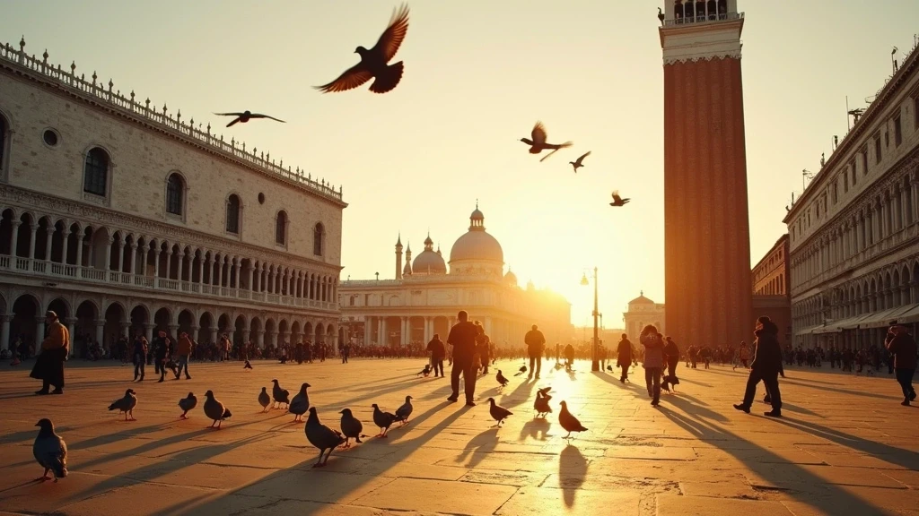 Goldene Stunde auf dem Markusplatz in Venedig mit Basilika und Campanile im warmen Licht