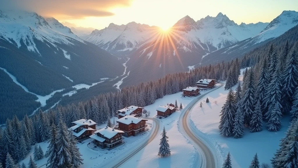Luftaufnahme von Verbier in den Schweizer Alpen zur goldenen Stunde mit verschneiten Gipfeln und Luxus-Chalets