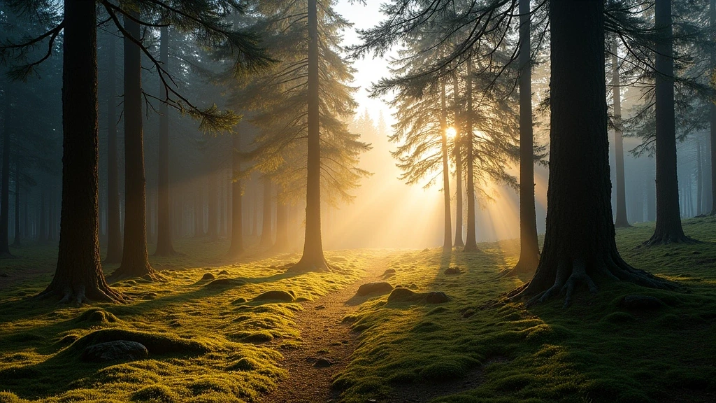 Goldene Stunde im Laerchenwald von Verbier mit atmosphaerischem Licht und Moosboden