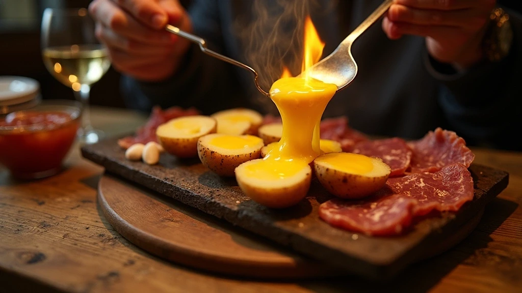 Artisanale Raclette-Zubereitung ueber offenem Feuer in Verbier, traditionelle Schweizer Kueche