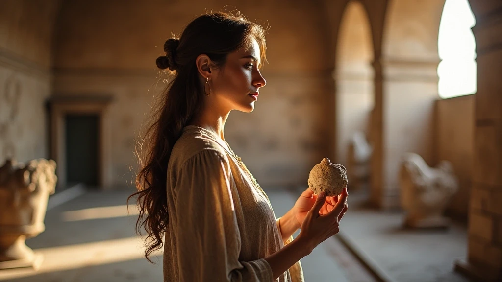 Stylische Reisende betrachtet roemische Artefakte im Museo Archeologico in Verona mit kinematografischem Licht