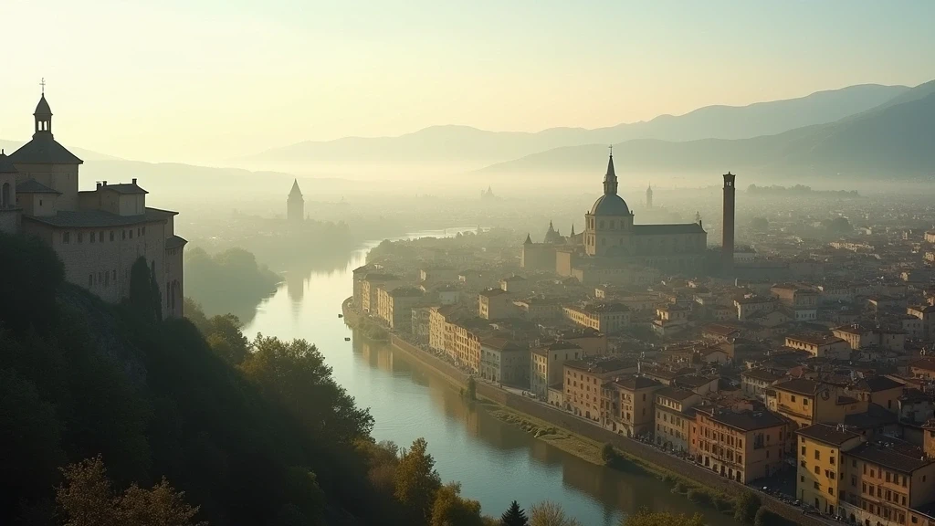 Panoramablick von Castel San Pietro auf Verona mit Terrakotta-Daechern und Adige-Fluss im Morgenlicht