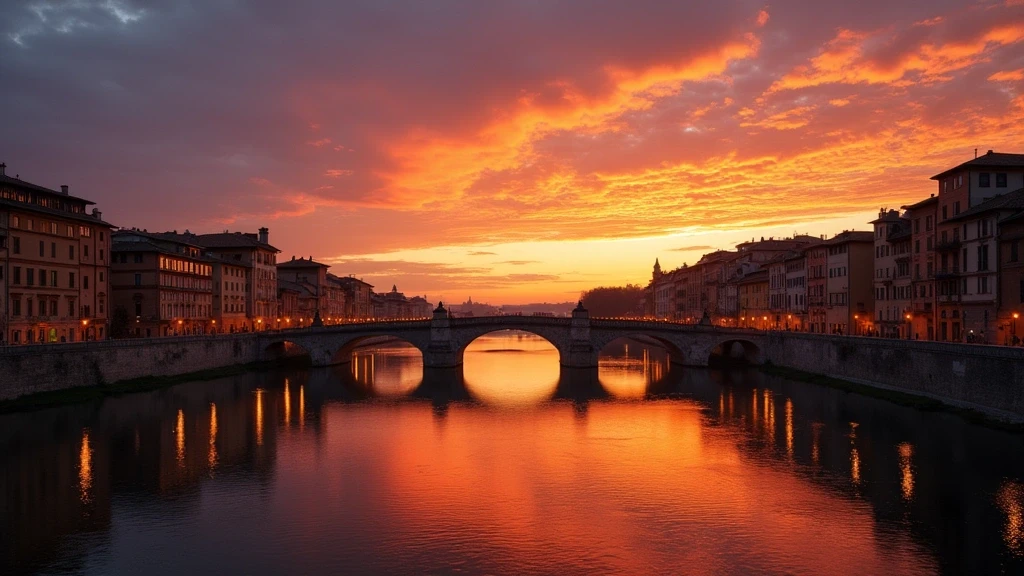 Sonnenuntergang ueber dem Adige-Fluss in Verona mit Ponte-Pietra-Bruecke und historischer Architektur