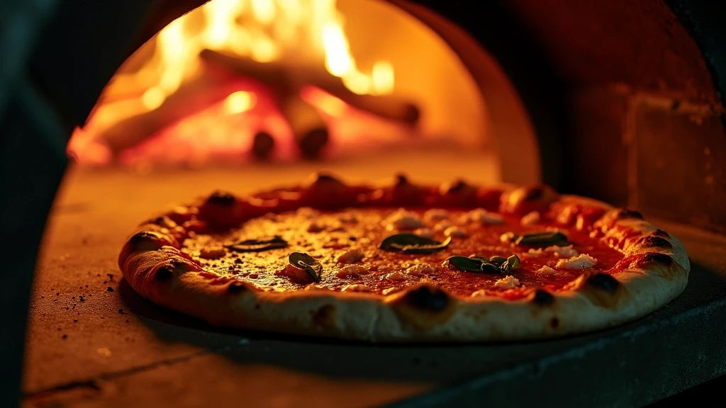 Traditionelle neapolitanische Pizza im Holzofen mit Vesuv-Blick, Nahaufnahme zur goldenen Stunde