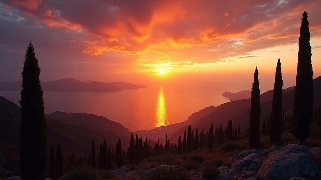 Sonnenuntergang über der Bucht von Neapel vom Vesuv aus mit dramatischem Himmel und Zypressen