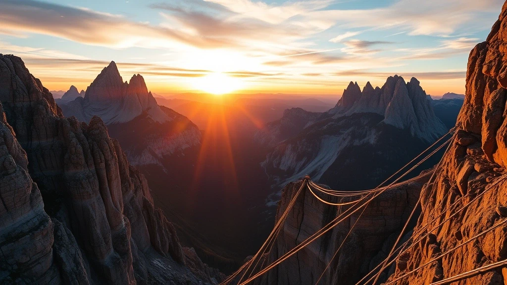 Sonnenuntergang über den Dolomiten an der Via Ferrrata delle Trincee mit historischen Schützengräben