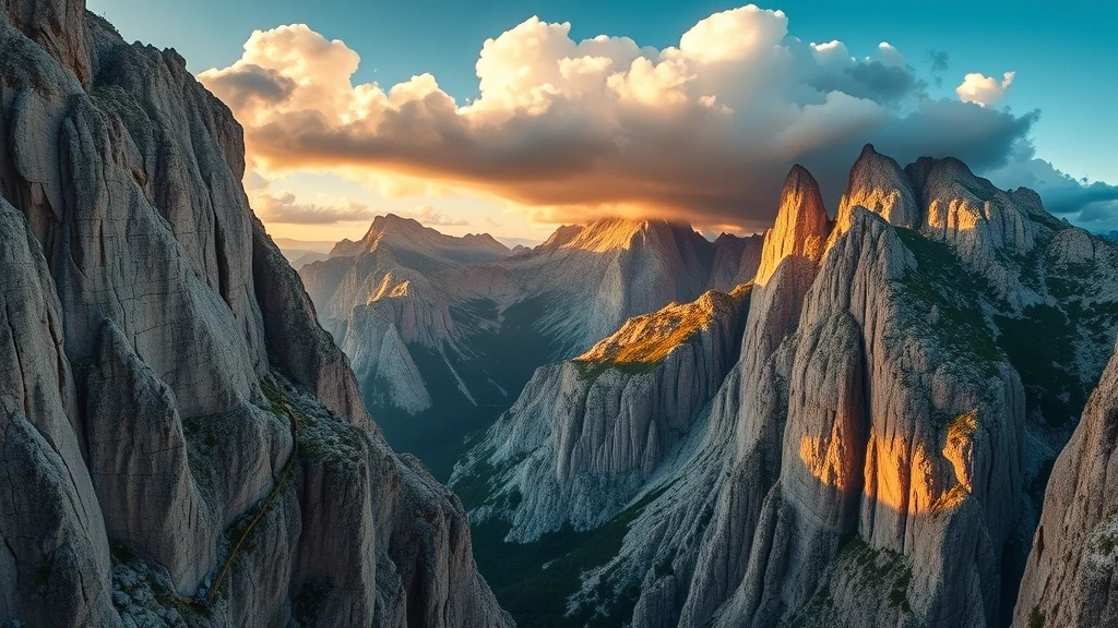 Panoramablick auf die Via Ferrata delle Trincee in den italienischen Dolomiten zur goldenen Stunde
