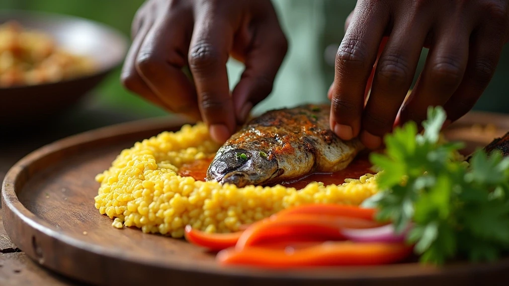 Traditionelle sambische Kueche mit Nshima und Tilapia-Fisch nahe den Victoriafaellen