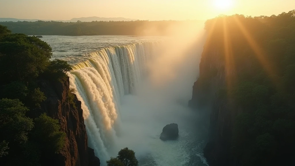 Luftaufnahme der Victoriafaelle in Sambia/Simbabwe zur goldenen Stunde mit Regenbogen im Spruehnebel