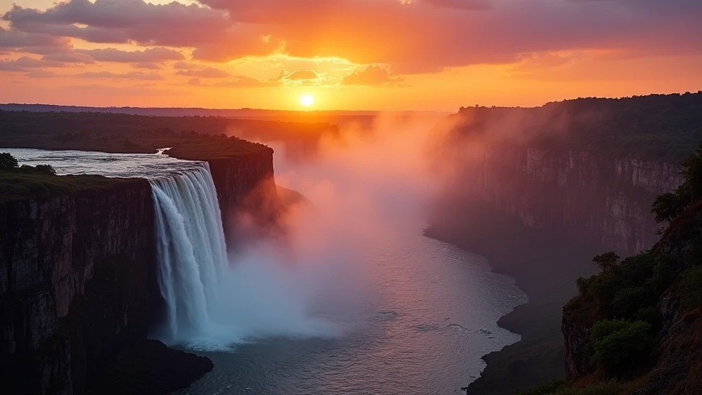 Sonnenuntergang ueber den Victoriafaellen in Sambia/Simbabwe mit dramatischem Himmel