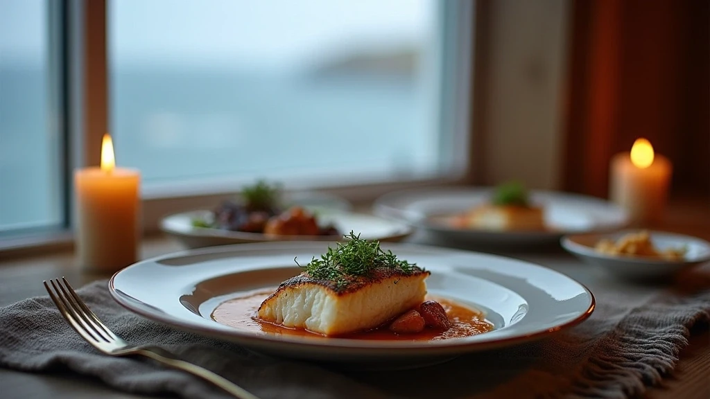 Traditionelle isländische Küche in Vík í Mýrdal, frische Meeresfrüchte mit Blick aufs Meer