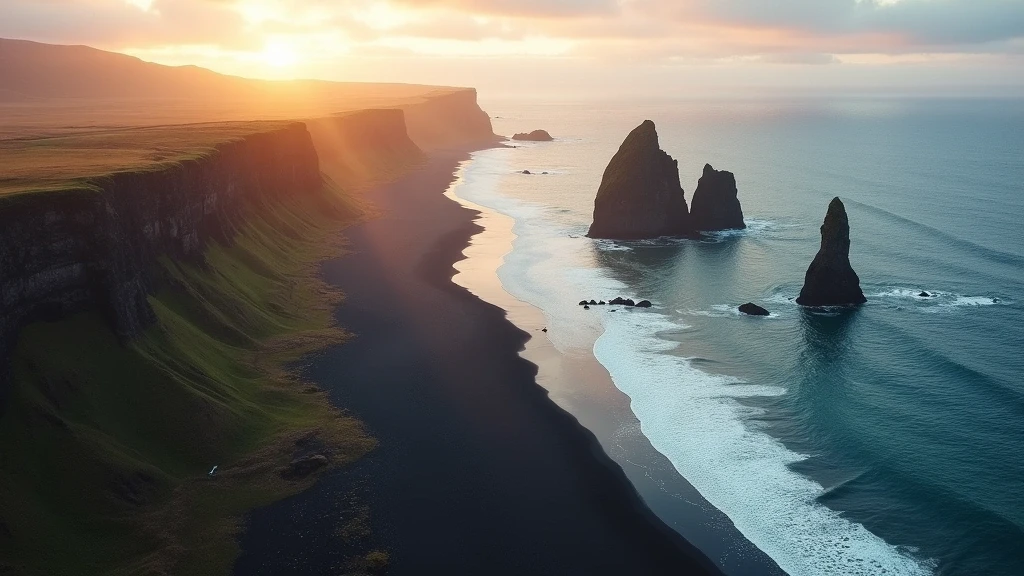 Luftaufnahme der schwarzen Sandstrände und Reynisdrangar-Felsen in Vík í Mýrdal zur goldenen Stunde