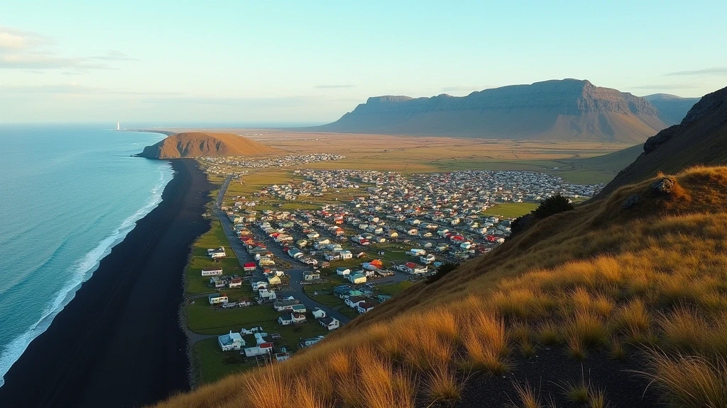 Panoramablick vom Reynisfjall-Gipfel auf Vík í Mýrdal und die schwarze Küste
