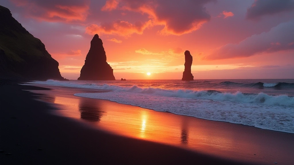 Sonnenuntergang über dem schwarzen Sandstrand Reynisfjara in Vík í Mýrdal mit Reynisdrangar-Felsen