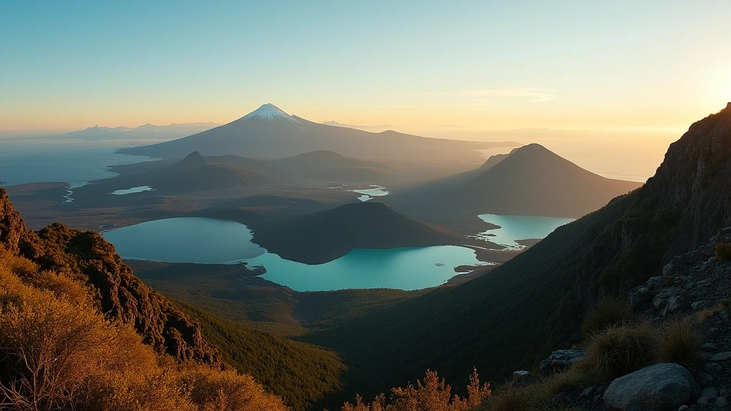 Panoramablick auf den Conguillio-Nationalpark mit Araukarien-Waeldern in Chile