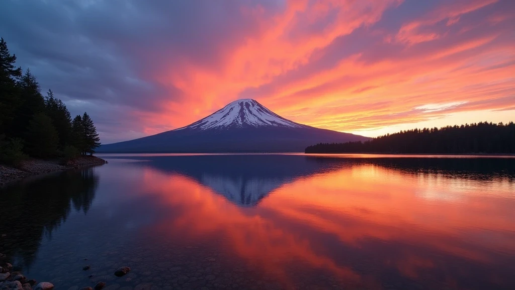 Sonnenuntergang am Villarrica-See mit Spiegelung des Vulkans in Chile