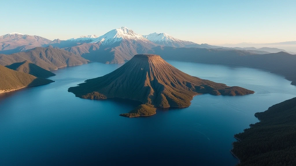 Luftaufnahme des Villarrica-Vulkans und des Villarrica-Sees in Chile zur goldenen Stunde