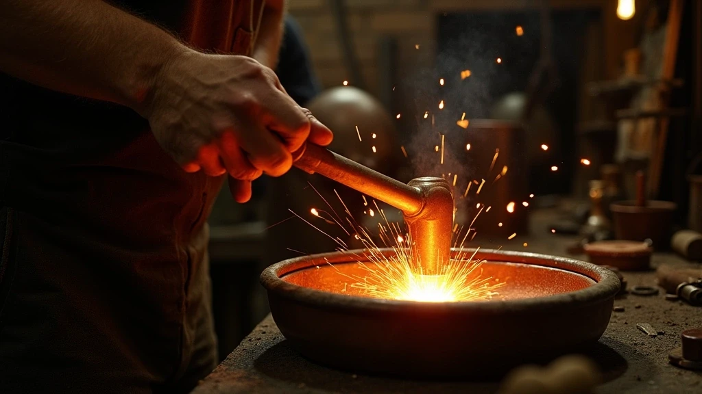 Handwerker fertigt Kupferkochgeschirr in traditioneller Werkstatt in Villedieu-les-Poêles
