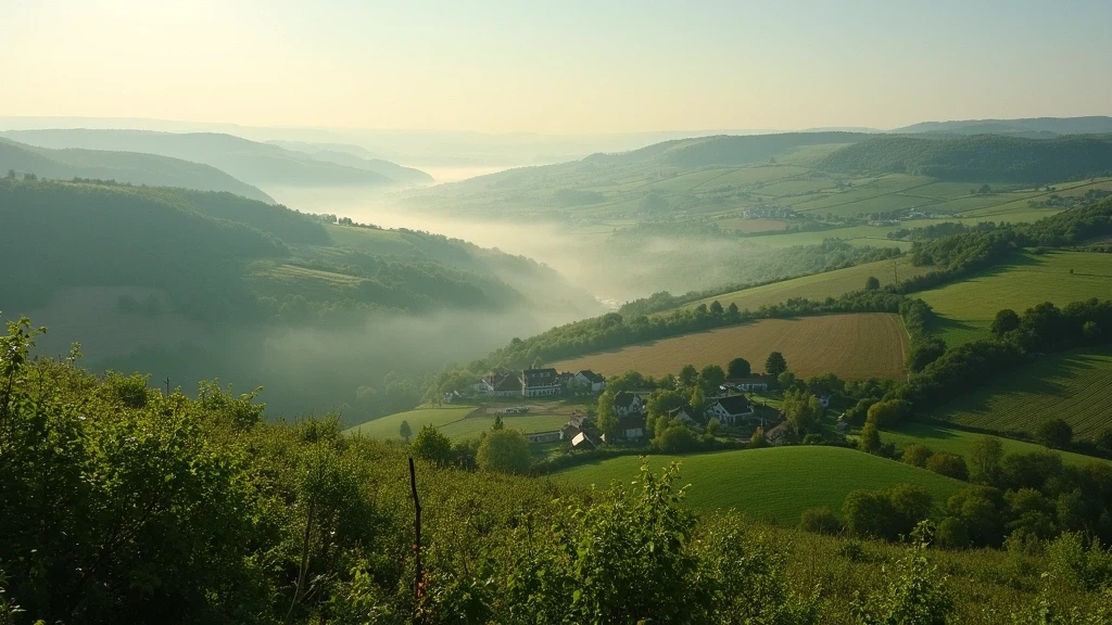 Panoramablick auf die normannische Landschaft um Villedieu-les-Poêles mit Apfelplantagen und Fachwerkhaeusern