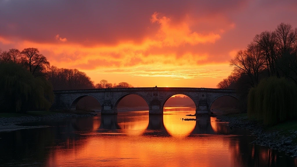 Sonnenuntergang am Sienne-Fluss in Villedieu-les-Poêles mit historischen Bruccken und goldenem Himmel