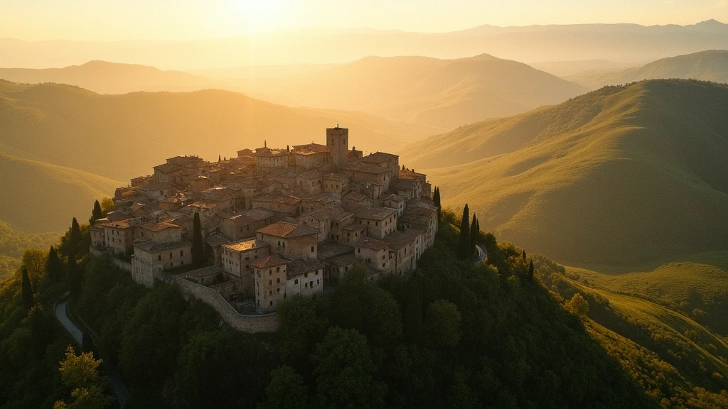Luftaufnahme der etruskischen Hügelstadt Volterra in der Toskana zur goldenen Stunde