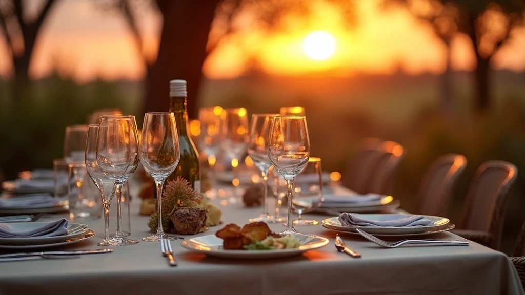 Gourmet-Bush-Dinner im Freien in Vumbura Plains mit Sonnenuntergangslicht