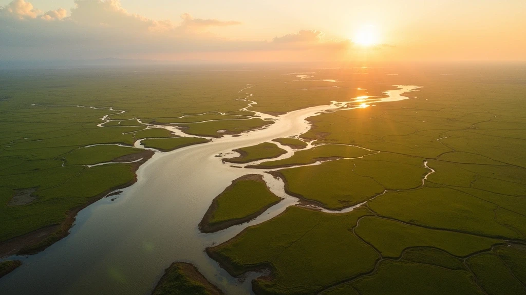 Luftaufnahme der Okavango-Delta-Flusslandschaft in Vumbura Plains zur goldenen Stunde