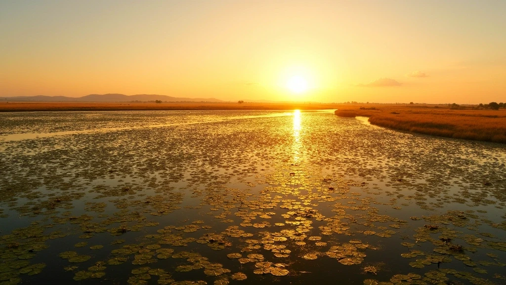 Panoramablick auf die Flusslandschaft von Vumbura Plains zur goldenen Stunde