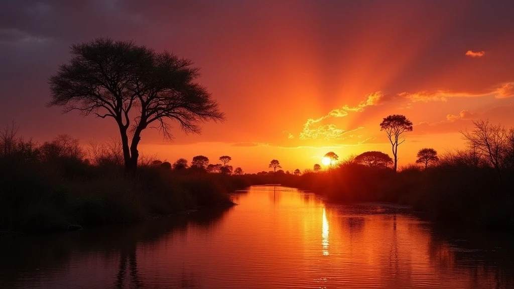 Sonnenuntergang ueber dem Okavango Delta in Vumbura Plains mit Akazien-Silhouetten