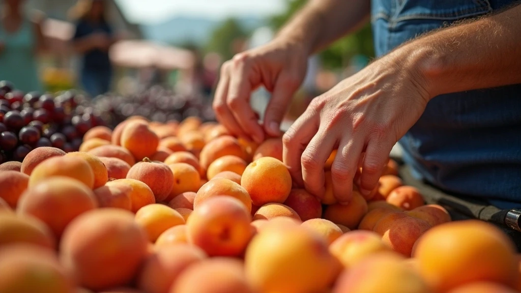 Haende arrangieren frische Marillen und Trauben auf traditionellem Bauernmarkt in der Wachau
