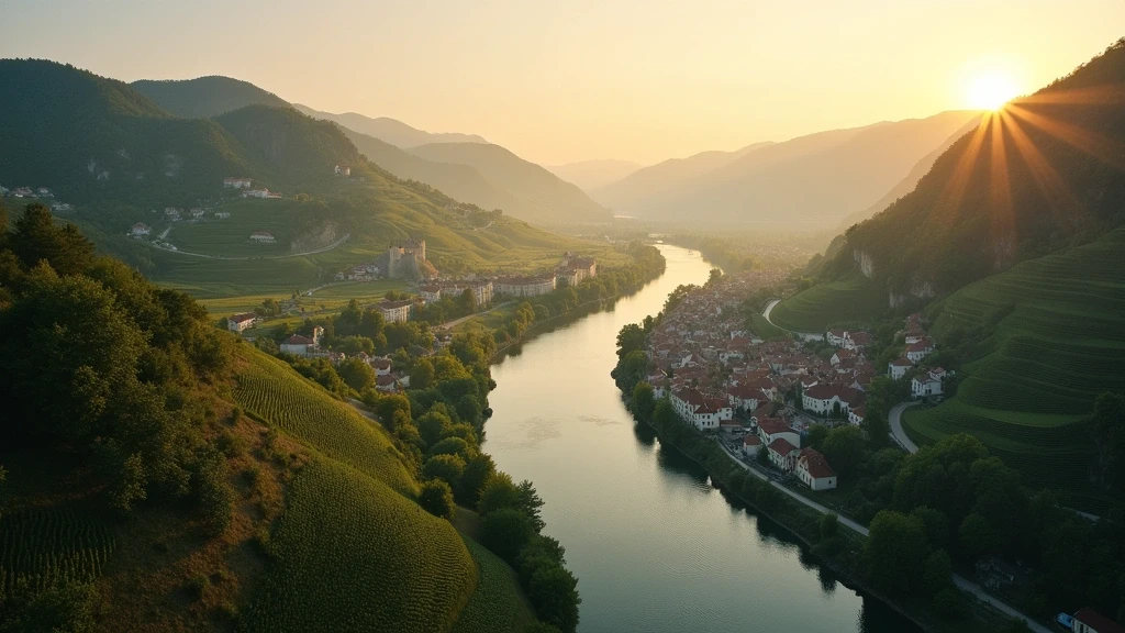 Luftaufnahme der Wachau mit Donauschleife, Weinbergen und Burgen zur goldenen Stunde in Österreich