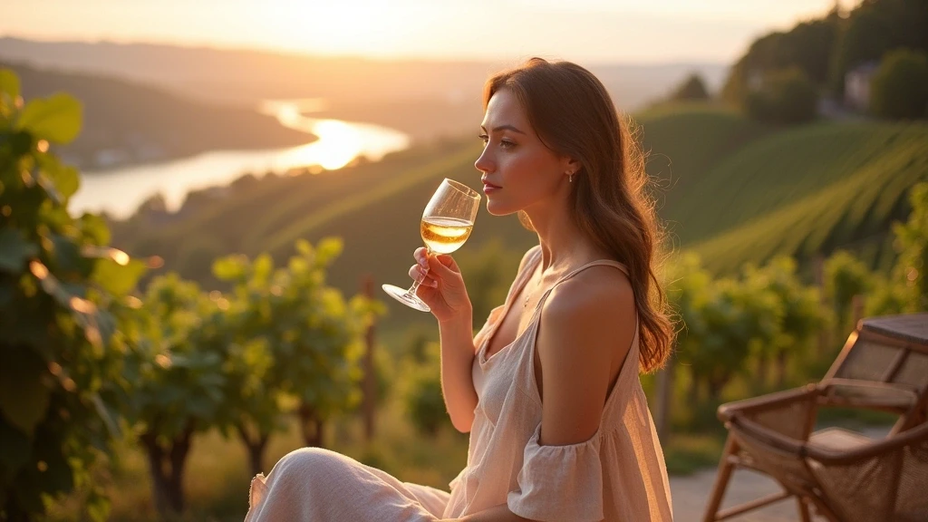 Elegante Frau verkostet Marillenwein auf Weinbergterrasse in der Wachau mit Donau-Blick