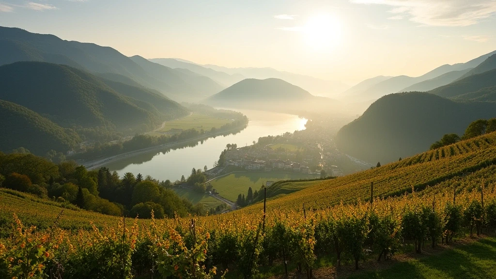 Panoramablick auf die Wachau mit Donau, Weinbergen und Marillengaerten im Morgenlicht