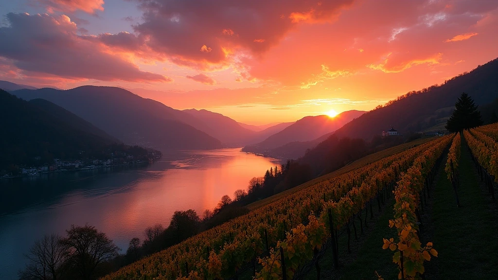 Sonnenuntergang über der Donau in der Wachau mit Burgsilhouetten und Weinbergen
