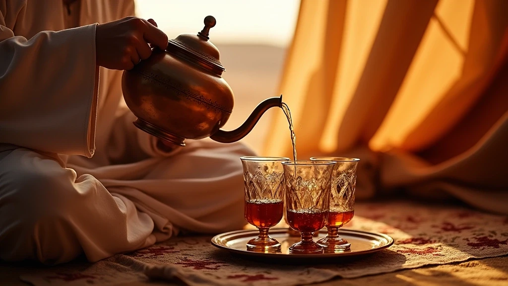 Traditionelle Beduinen-Teezeremonie im Wuestencamp in Wadi Rum, Jordanien mit Kupferkessel