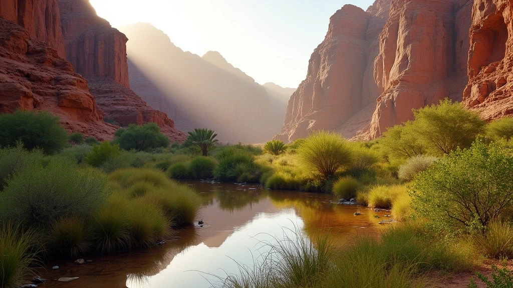 Panoramablick auf Lawrence's Spring Oase in Wadi Rum, Jordanien mit gruener Vegetation und roten Bergen